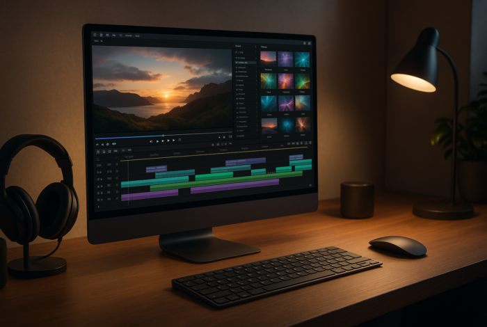 Estudio de edición de vídeo profesional con estética tecnológica premium y monitor con timeline visual