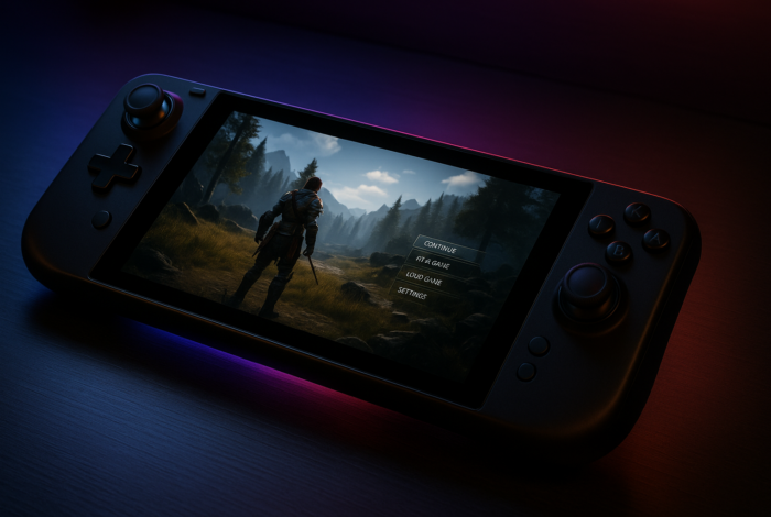 Consola portátil gaming premium sobre escritorio oscuro con iluminación tecnológica