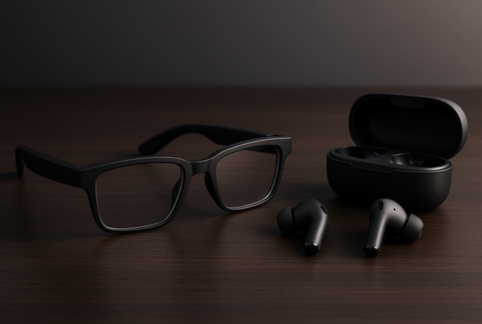 Gafas inteligentes modernas junto a unos earbuds inalámbricos con diseño futurista