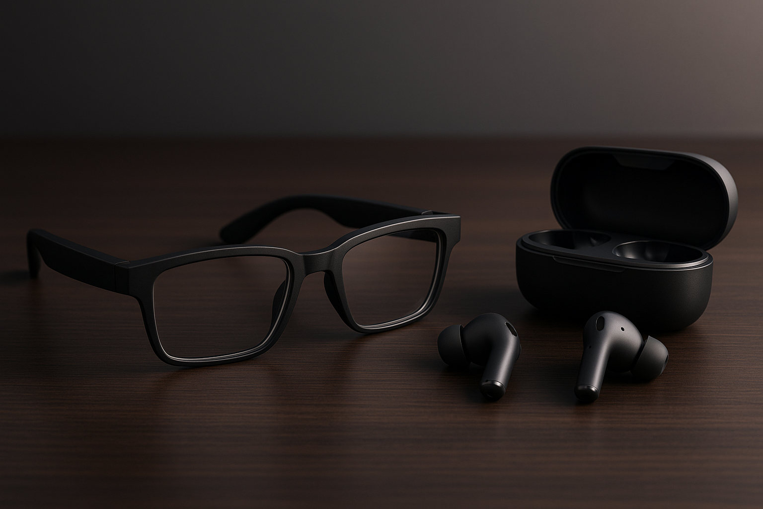 Gafas inteligentes modernas junto a unos earbuds inalámbricos con diseño futurista