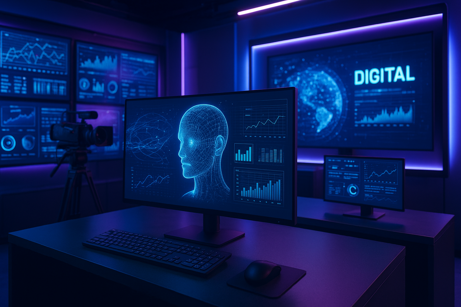 Estudio multimedia futurista con pantallas de datos e inteligencia artificial
