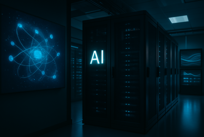 Centro de datos futurista con pantallas de inteligencia artificial y ambiente tecnológico