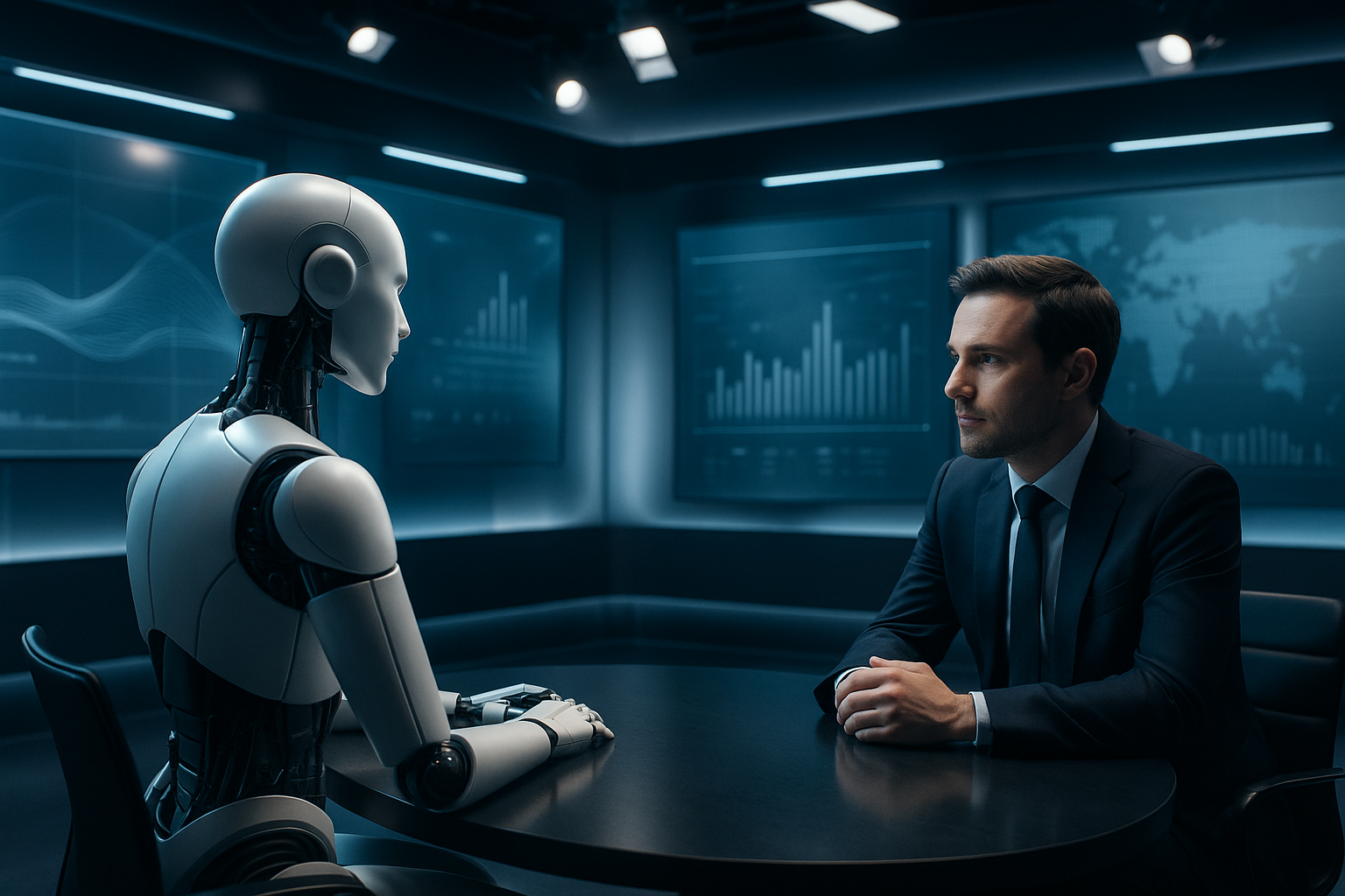 Escena futurista de inteligencia artificial y medios digitales con pantallas abstractas