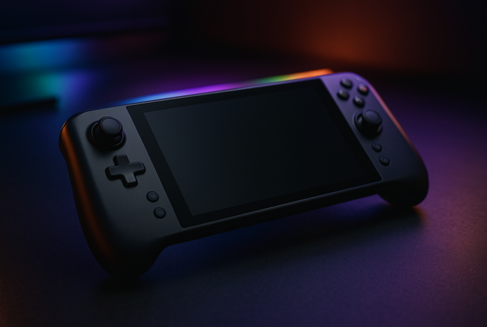 Consola portátil gaming premium sobre una mesa oscura con iluminación tecnológica
