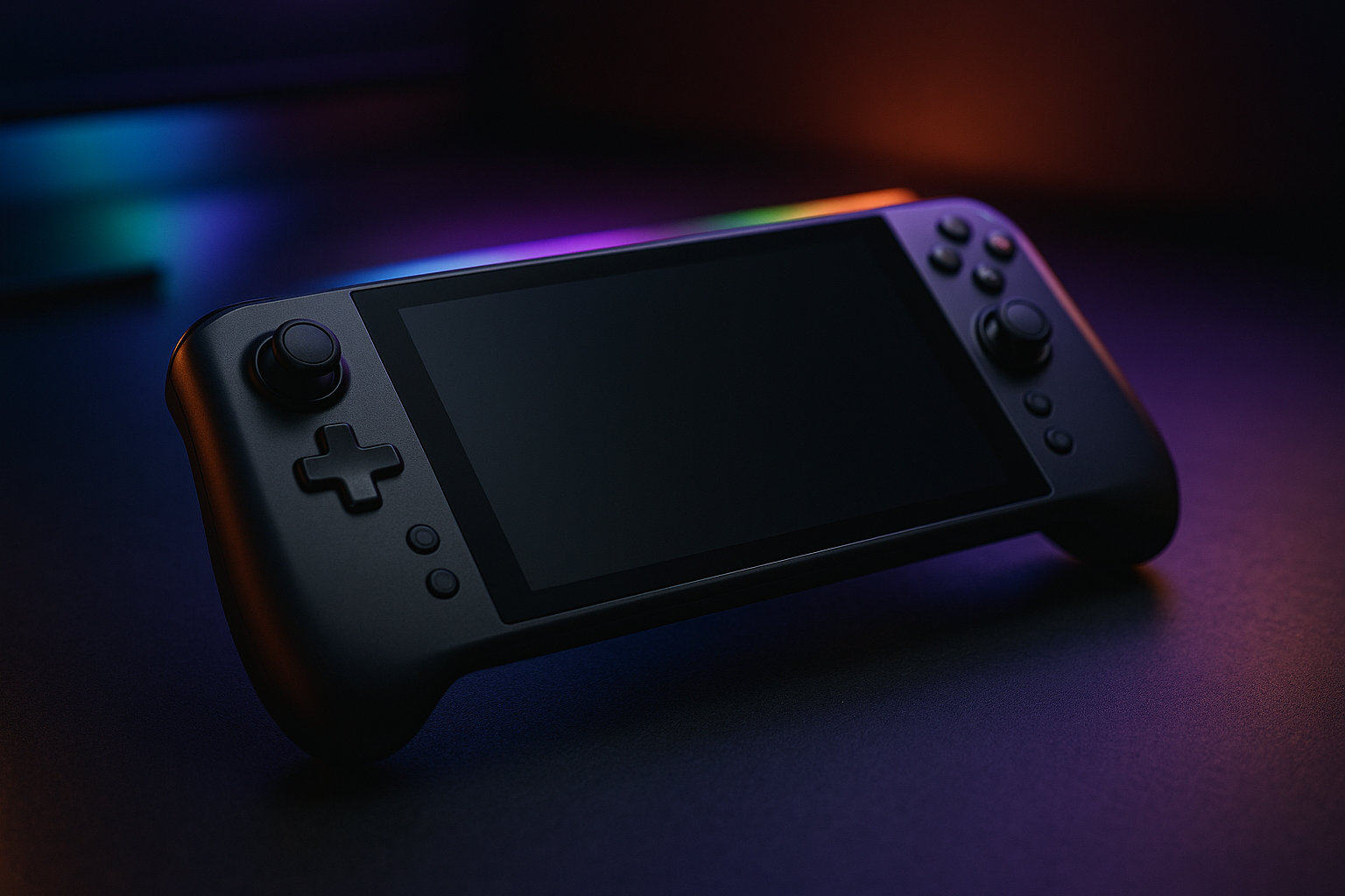 Consola portátil gaming premium sobre una mesa oscura con iluminación tecnológica