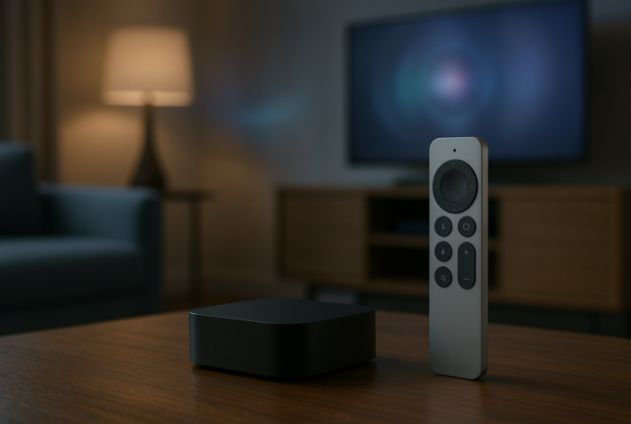 Set-top box premium con mando minimalista en un salón inteligente moderno