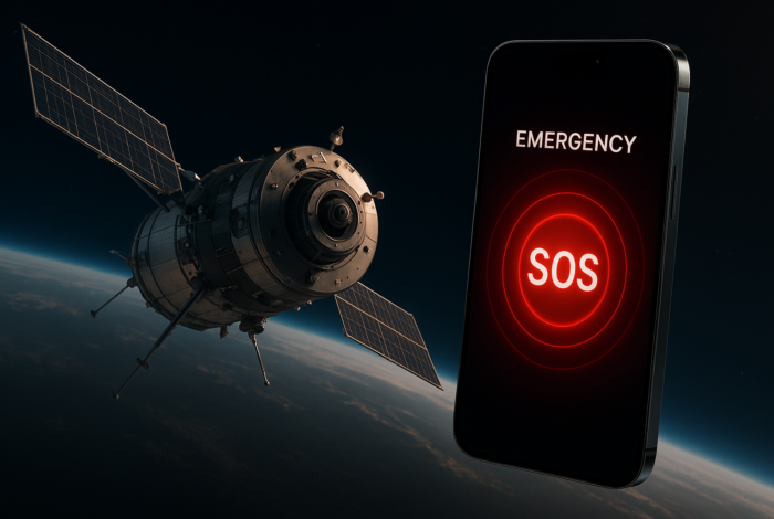 Satélite en órbita junto a un smartphone premium representando conectividad satelital