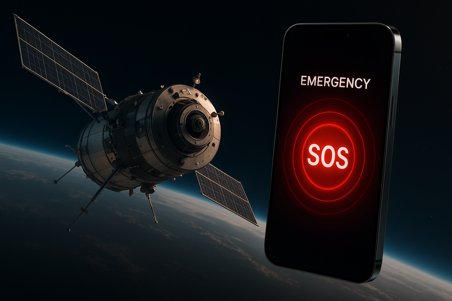 Satélite en órbita junto a un smartphone premium representando conectividad satelital